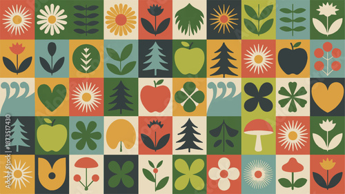 A vibrant minimalist abstract art piece featuring plants, flowers, and fruits in a grid pattern