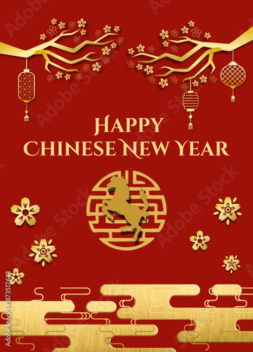 Happy Chinese New Year Celebration Festive Red Background And Gold Chinese Ornament Greeting Card Design. ( original illustration, not AI Generated )