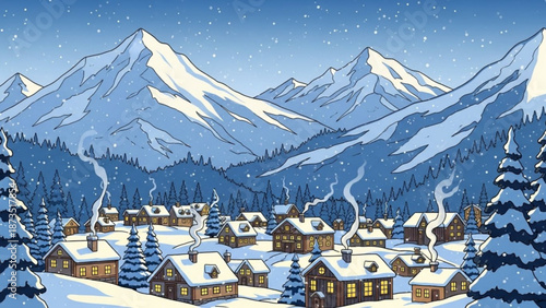 Snowy mountain village with warmly lit houses and snow covered trees under a clear blue sky with falling snowflakes in a serene