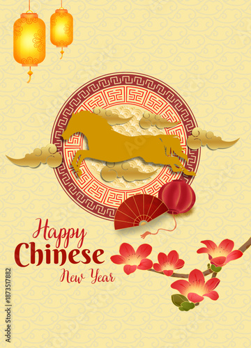 Happy Chinese New Year Celebration Festive Gold Pattern Background, Golden Horse and Chinese Ornament Greeting Card Design. ( original illustration, not AI Generated ).