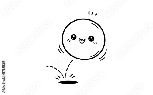 Cute bouncing ball character with a happy face and motion lines, black and white doodle