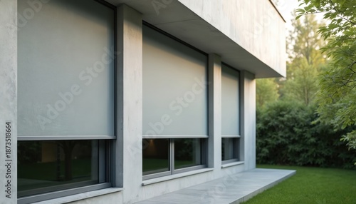 Wallpaper Mural Modern house exterior shows large windows with closed grey roller blinds. Outdoor plants surrounds building facade. Sun protection keeps interior cool. Light filters softly. Torontodigital.ca