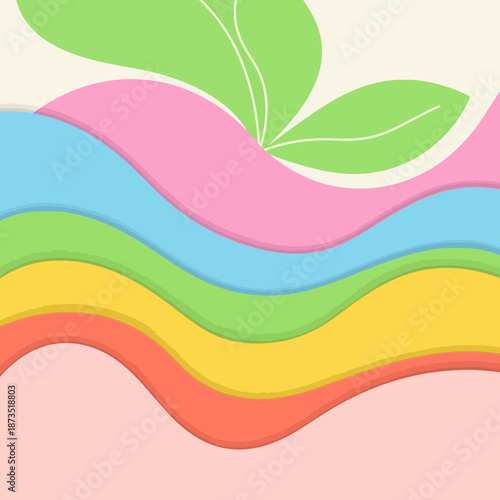Abstract wavy layers with green leaves and pastel colors