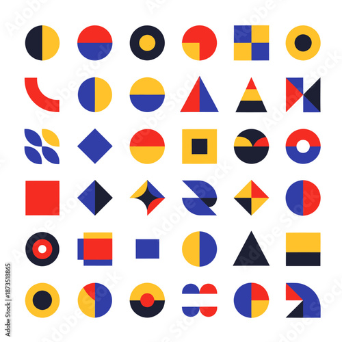 Colorful Geometric Shapes in Grid Pattern.