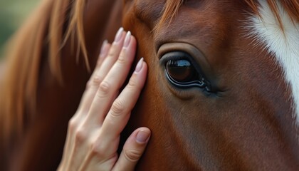Close up photo shows human hand touch brown horse face gently. Female hand strokes horse head expressing affection. Animals friendship trust love care gentle moment.