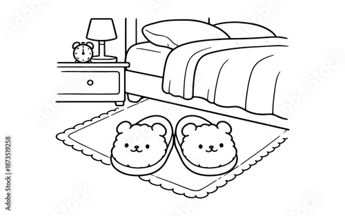Cute bear slippers on a rug next to a bed with a nightstand and alarm clock