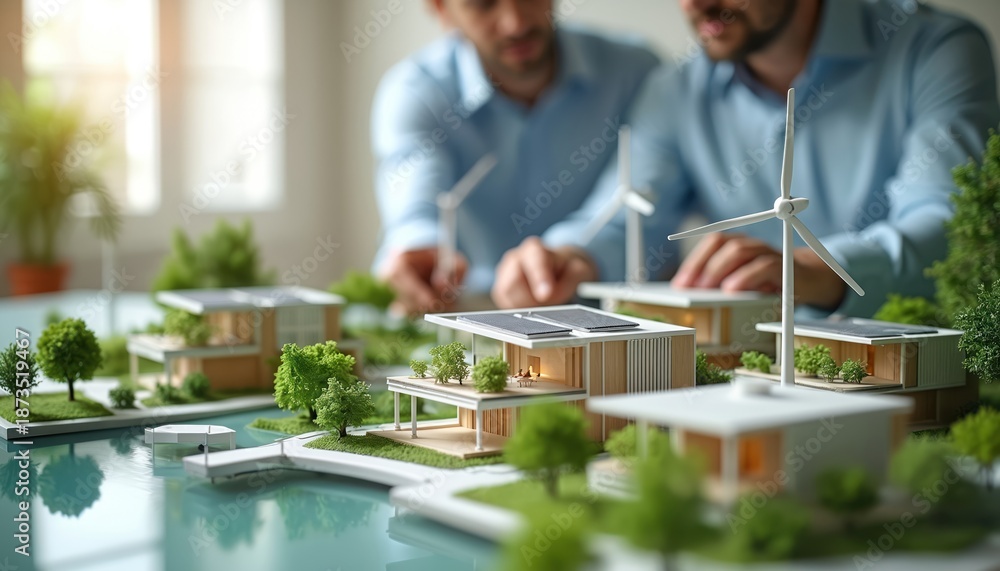 Fototapeta premium Architects create design of modern eco house model. Sustainable building project with solar panels, wind turbines, green environment. Engineers work on architecture urban development plan. Renewable