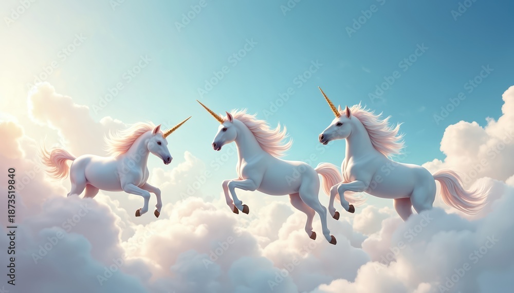 Fototapeta premium Illustration presents unicorns flying in sky above clouds. Magical fairytale creatures with horns. Art for children book print. Unicorns gallop in heaven. Blue, white pastel colors. Fantastic surreal