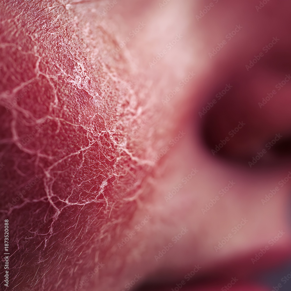 Fototapeta premium Macro image of sensitive facial skin with redness and natural texture on white background