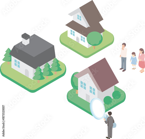 Isometric Real Estate Illustration. Happy Family Looking for a New House and Businessman Inspecting Home