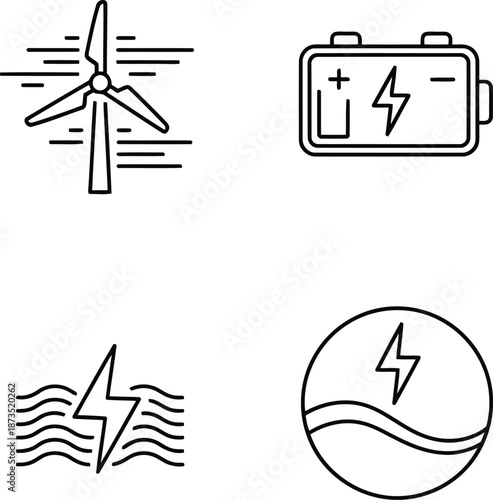 Renewable energy icons set wind hydroelectric ocean wave battery storage clean power vector