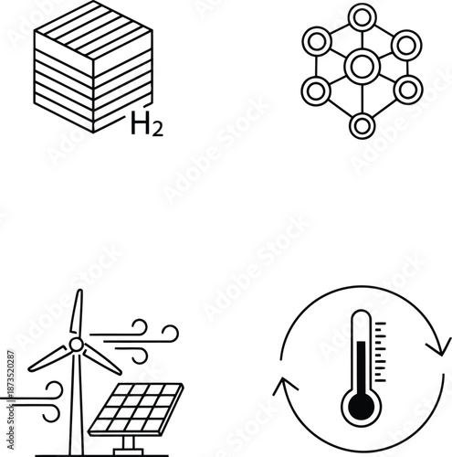 Clean energy solutions icons h2 fuel cell microgrid wind solar thermometer renewable energy symbols vector