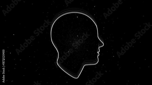 Animated head outline design made with a white line floating over black space with stars