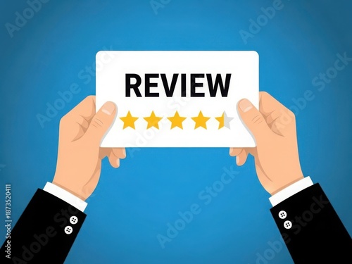 Hands holding a card with review and five stars on a blue background