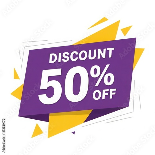 Purple discount 50 percent off sign isolated on white background