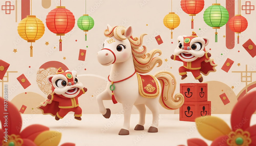 Naklejka premium Modern Chinese New Year greeting card with horse zodiac concept