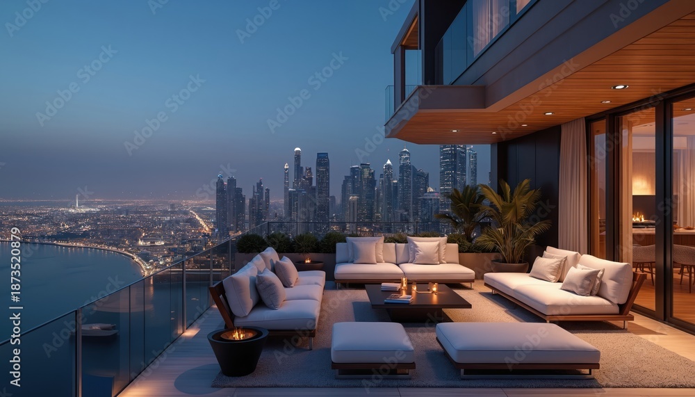 Naklejka premium Luxury apartment balcony offers expansive Dubai city views at night. Modern outdoor lounge furniture is arranged near a fireplace, ideal for relaxing and entertaining guests.