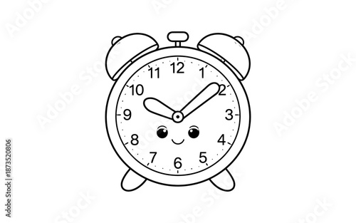 Cute cartoon alarm clock with a happy face, black and white line art
