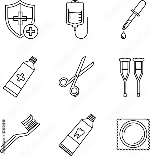 Hand drawn medical icons collection health care symbols pharmacy dental first aid equipment vector