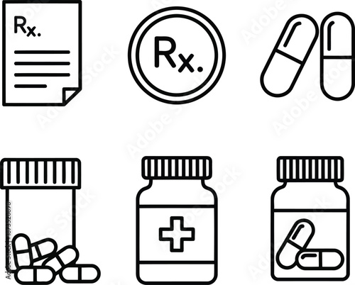 Pharmacy icons prescription rx pills capsules bottles medical healthcare symbols set vector