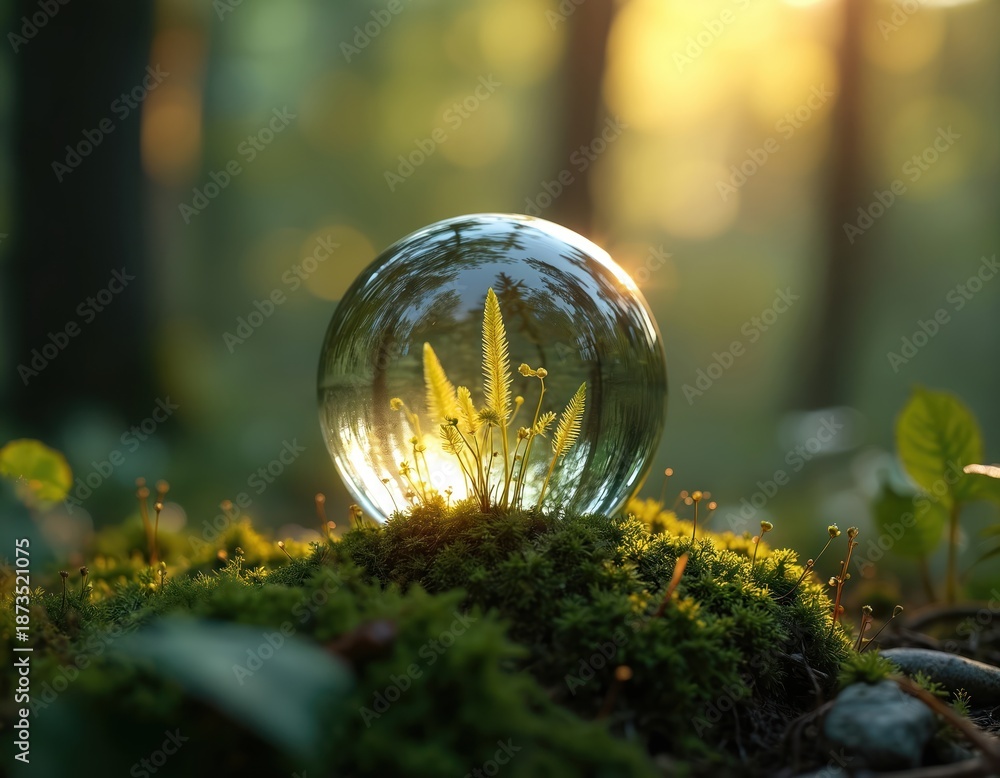 Obraz premium Magical forest scene features sunlit sphere with plants inside. Moss and green vegetation surround the glass orb. Sunlight filters through trees, creating bokeh effect. Nature photo conveys peace.
