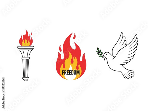 Symbolism of Hope, Freedom, and Peace Torch, Flame, and Dove Illustrations on White