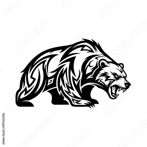 A fierce grizzly bear with tribal tattoo-like markings on its body, roaring with its mouth open.