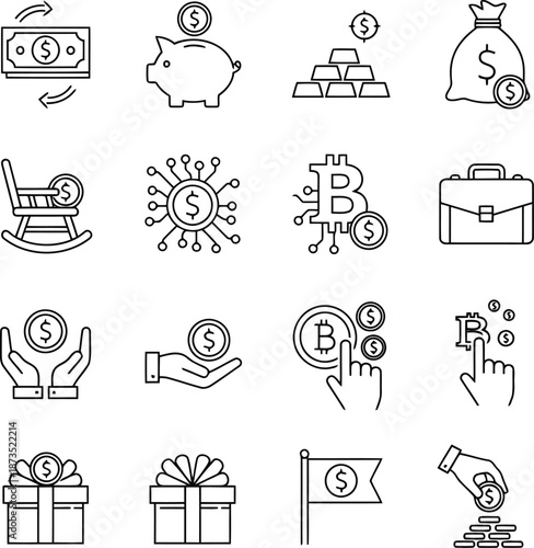 Financial icons set hand drawn style cash bitcoin investment savings wealth growth icons collection vector