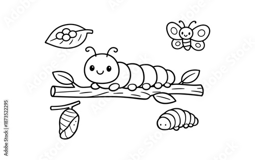 Cute cartoon caterpillar, butterfly, and chrysalis on a branch for coloring