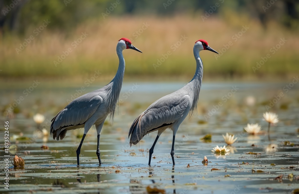 Fototapeta premium Two Australian Brolga cranes stand in shallow wetland water amongst white water lilies. Long necks, grey plumage contrast with red heads, dark legs. Background shows blurred green, brown vegetation