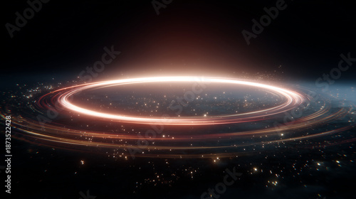 High-Speed Light Rings Effect with Glowing Particles on Dark Background