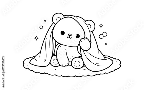 Cute teddy bear peeking out from under a blanket with stars and bubbles