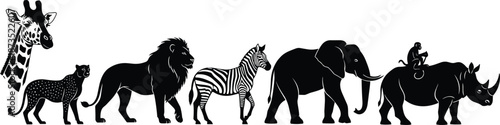 Black silhouette collection of wild safari animals including giraffe lion zebra elephant rhinoceros cheetah and monkey for zoo and nature design