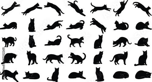 Black cat silhouettes set, various feline poses, jumping, walking, sitting, stretching, crouching vector illustration collection for pet animal design, graphic elements, 