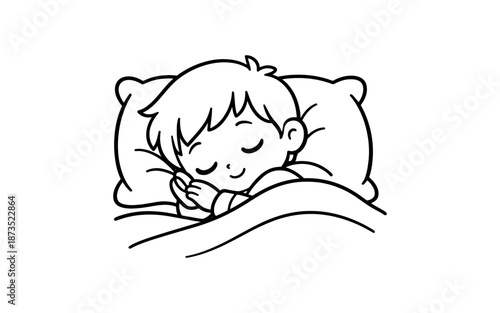 Cute cartoon boy sleeping peacefully on a pillow under a blanket