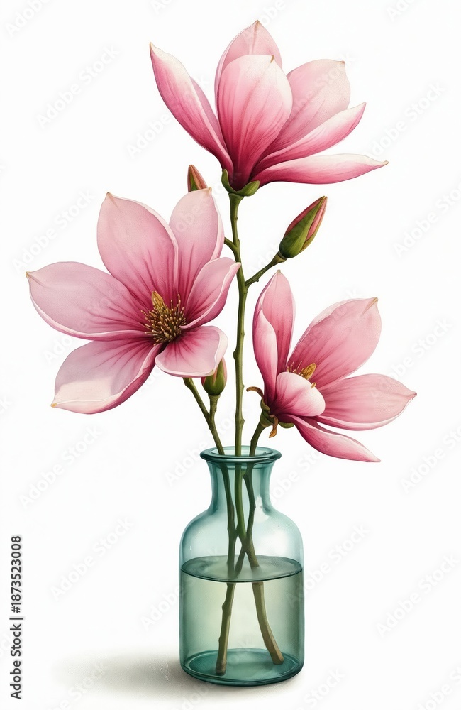 Obraz premium Magnolia flowers in glass vase isolated on white. Floral arrangement with spring blooms, buds on branches. Artistic botanical illustration displays beauty, elegance and freshness of floral art.
