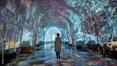 Woman walking through an ornate hallway with vibrant digital art projections for an immersive cultural experience concept and artistic journey