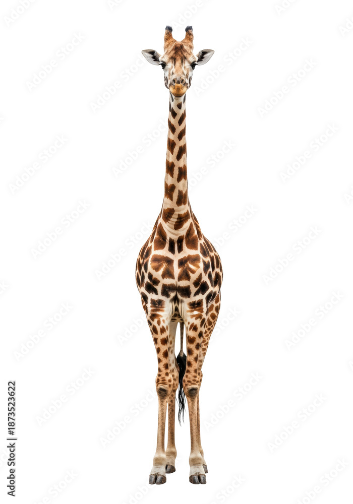 Obraz premium Adult african giraffe standing full-length on a transparent, high-key studio background, featuring ultra-detailed reticulated spots and a long neck, radiating wild majesty concept