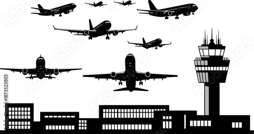 Airport terminal silhouette, airplanes flying, landing, taking off, control tower, aviation scene, black and white vector, travel, transportation, infrastructure