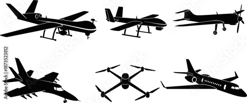 Aircraft and drone silhouettes collection, military UAVs, airplanes, fighter jets and quadcopter designs, black aviation vector illustration isolated on white background