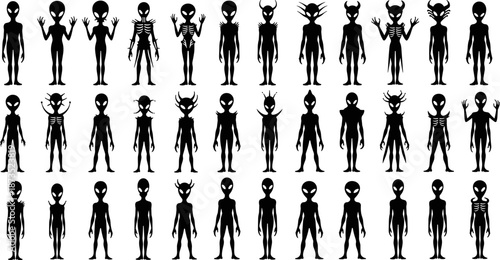 Alien character silhouettes collection, futuristic extraterrestrial humanoid figures set, black vector illustration for science fiction, fantasy, horror themes, icons, and design projects