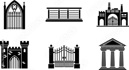 Architectural gate and building silhouettes set, historic entrances, fences and facades icons, black vector illustration for heritage, security, architecture design concepts