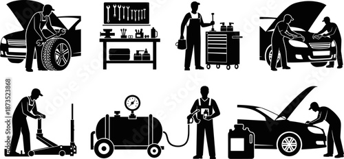 Auto repair service silhouettes set, mechanics working on vehicles and tools, car maintenance icons, black vector illustration for garage, workshop, automotive concepts