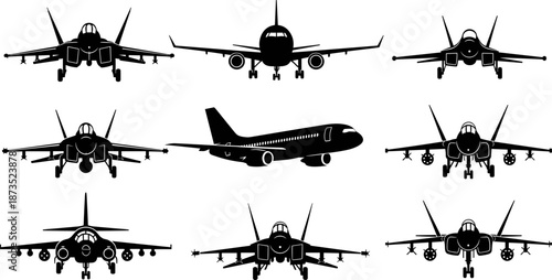 Aircraft silhouette set, fighter jets, commercial airliner, aviation icons, military planes, front and side views, vector illustration, black isolated graphic
