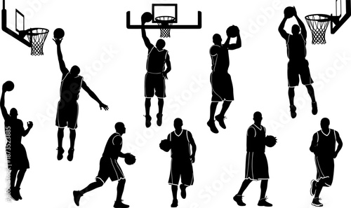 Basketball player silhouettes collection with shooting dunking and dribbling actions, professional sport game moments, fitness and athletic training concept, black vector illustration isolated