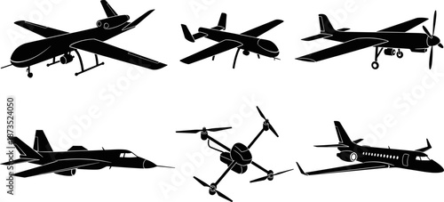 Aircraft and drone silhouettes collection, military UAVs, fighter jets and airplanes set, black aviation vector illustration isolated on white background
