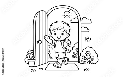 Happy cartoon boy with backpack waving goodbye at the door for school