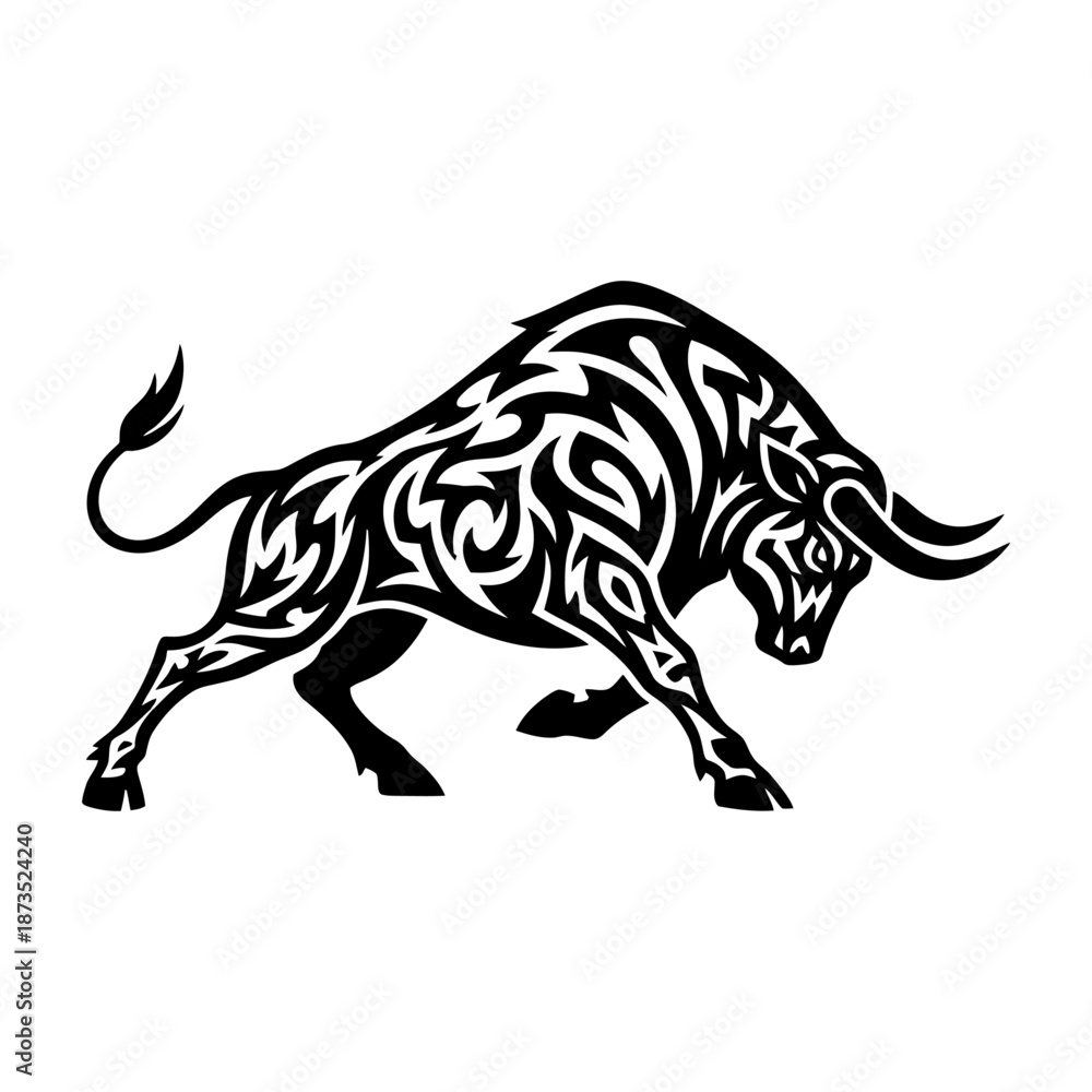 Obraz premium A striking black and white tribal tattoo design of a charging bull with intricate patterns.