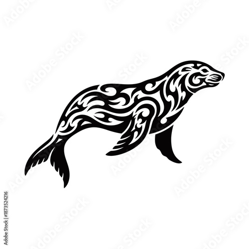 Tribal tattoo design of a seal with intricate swirling patterns in black and white.