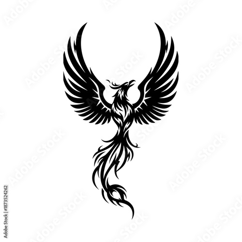 Stylized black phoenix silhouette with wings spread, mythical bird design.